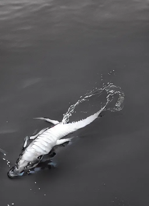 Image similar to a real life gyarados swimmin in a lake, proof photograph, black and white, blurry, hidden camera