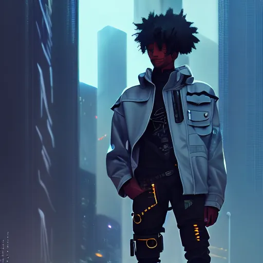 Image similar to a young black cyberpunk cowboy, tech wear, single subject, scenic full shot, ambient lighting, detailed face, by makoto shinkai, stanley artgerm lau, wlop, rossdraws