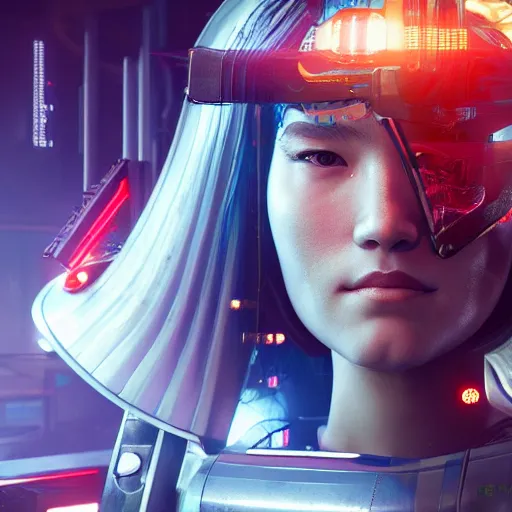 Prompt: a stunning portrait of samurai netrunner woman cyborg by Evelyn De Morgan and Ross Tran, cyberpunk 2077 rossdraws, fresco, hard surface, rendered in unreal engine 5