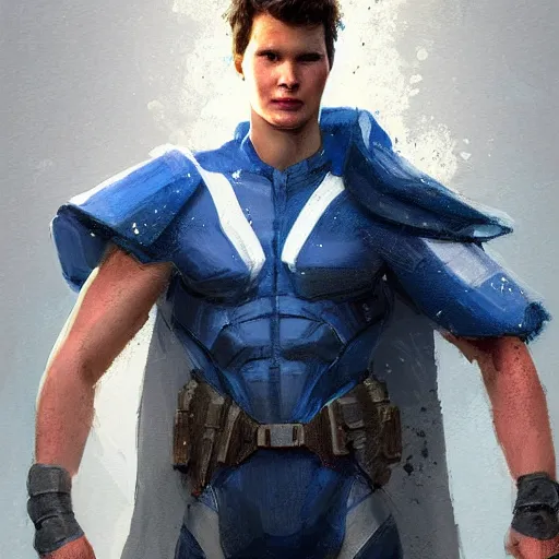 Image similar to portrait of a superhero by greg rutkowski, he looks like ansel elgort, he is wearing a blue and white kevlar gear with a cape, highly detailed portrait, digital painting, artstation, concept art, smooth, sharp foccus ilustration, artstation hq