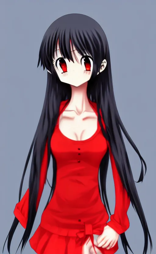 Prompt: anime girl with a detailed face and black hair in a red outfit, full body, trending, illustration