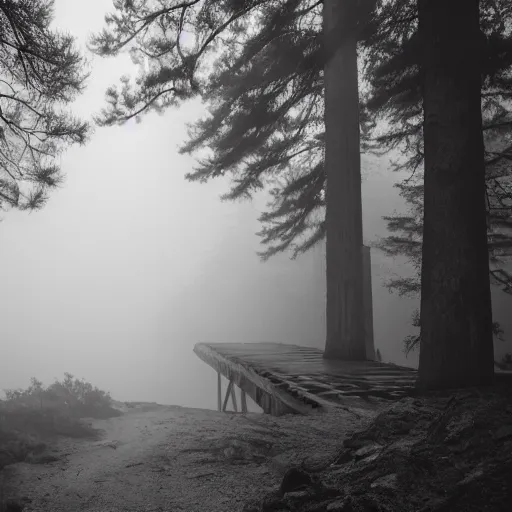 Prompt: photography of an old bridge over a dried river next to a haunted dark foggy forest with pine trees and mist, where monsters peer out waiting to pounce,