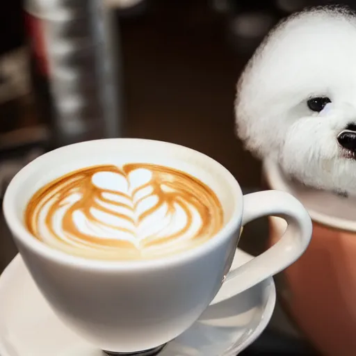 Image similar to a closeup photorealistic photograph of barista drawing bichon frise shaped latte art in a cup. professional capture, well lit shot. this 4 k hd image is trending on artstation, featured on behance, well - rendered, extra crisp, features intricate detail, epic composition and the style of unreal engine.