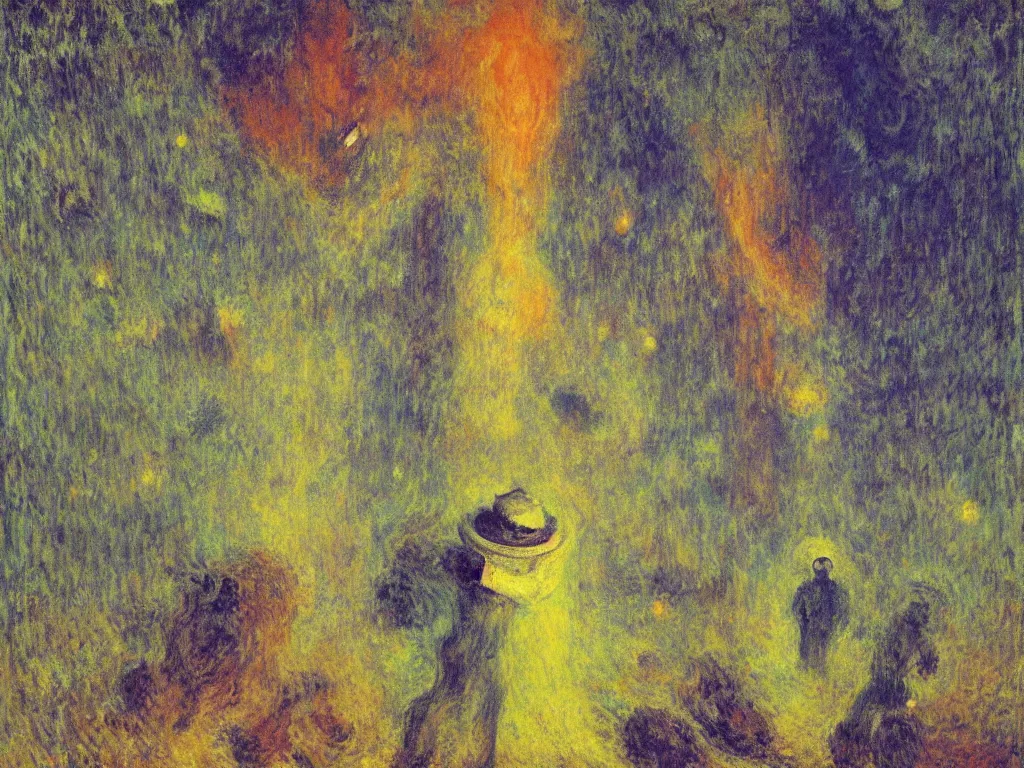 Image similar to man in white beekeeper suit at night with fireflies, giant tornado and devil. painting by mikalojus konstantinas ciurlionis, monet, bosch, wayne barlowe, agnes pelton, rene magritte