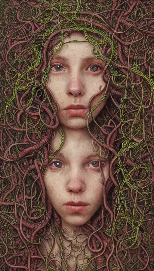 Image similar to very detailed portrait of a 2 0 years old girl surrounded by tentacles, the youg woman visage is blooming from fractal and vines, by dan witz