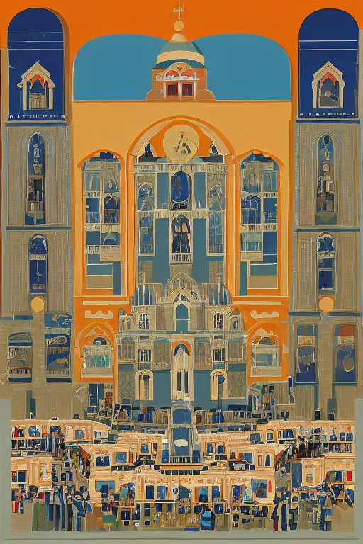 Image similar to scene from wes anderson orthodox cathedral building with mecha robots icons by helen lundeberg