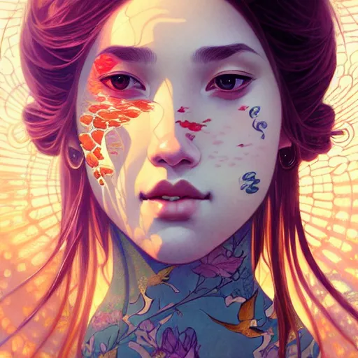 Prompt: Portrait of a girl surrounded by Koi fish, face, fantasy, intricate, elegant, highly detailed, digital painting, artstation, concept art, smooth, sharp focus, illustration, art by Loish and greg rutkowski and alphonse mucha