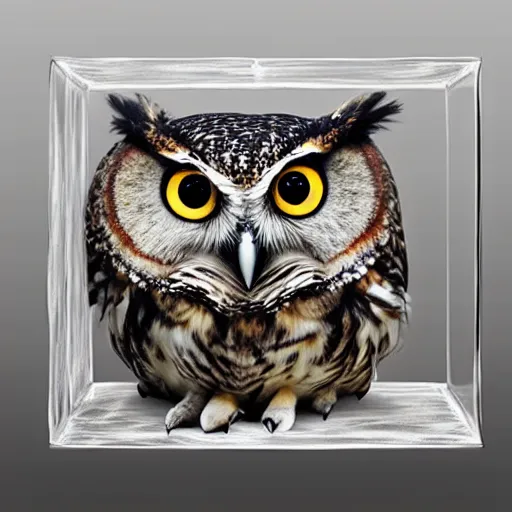 Prompt: an owl shaped like a cube inside a glass box, hyperrealism photography