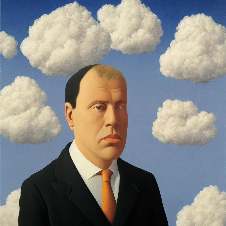 Image similar to portrait of a man in a suit, his head is a cloud, by rene magritte, detailed painting, hd, hq, high resolution, high detail, 4 k, 8 k