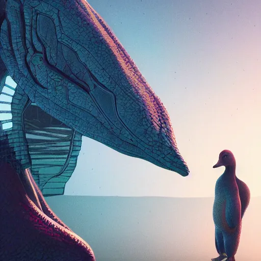 Image similar to dinosaur looking at a duck intricate artwork by Tooth Wu and wlop and beeple and Dan Mumford. Octane render, trending on artstation, greg rutkowski very coherent symmetrical artwork. Cinematic, hyper realism, high detail 8k