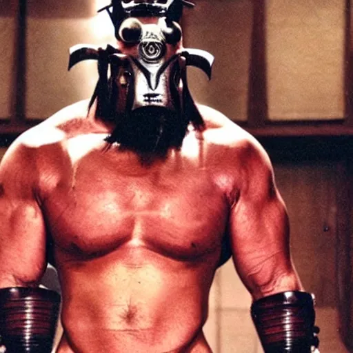 Prompt: fierce big muscular samurai wearing a cybernetic oni mask, amazing accurate movie still