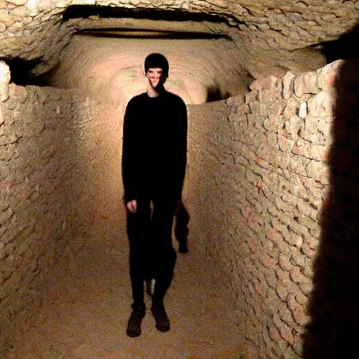 Image similar to creepy, incredibly tall, skinny and pale creature lurking in the catacombs and smiling at the camera captured on film camera