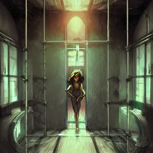 Prompt: dark prison cell with bars digital art, scary, unity, art by artgerm and greg rutkowski and alphonse mucha