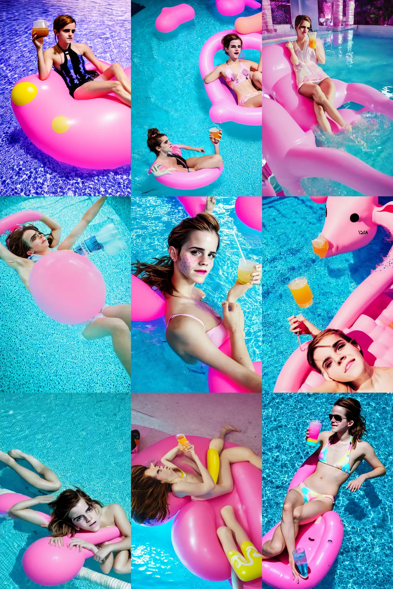 Prompt: a photo of a emma watson, holding a drink, laying in a big cute pastel pink giraffe float, having fun in a pool party in a modern indoors pool with cyberpunk illumination at night. visually stimulating photo. coherent. 8 k. sensual.