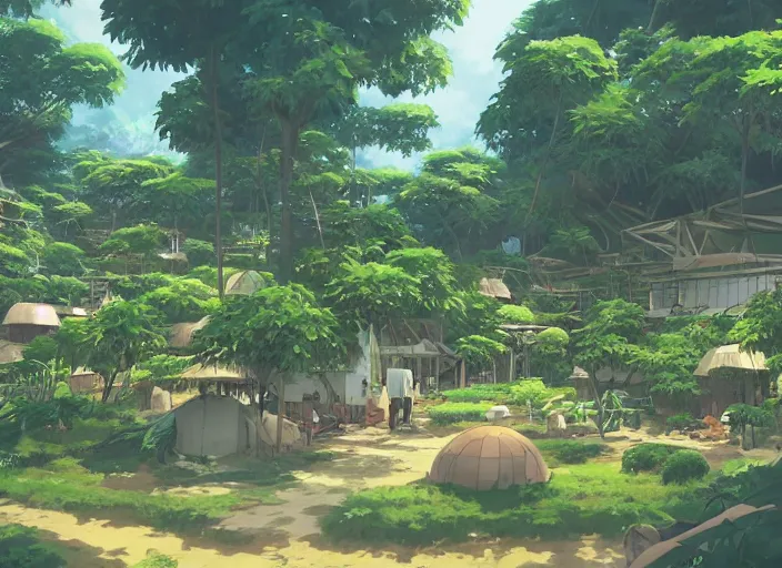 Image similar to A colony under construction in the jungle, peaceful and serene, solarpunk, wide perspective, soft lighting, anime film still, by Makoto Shinkai and studio ghibli, cell shading, high details