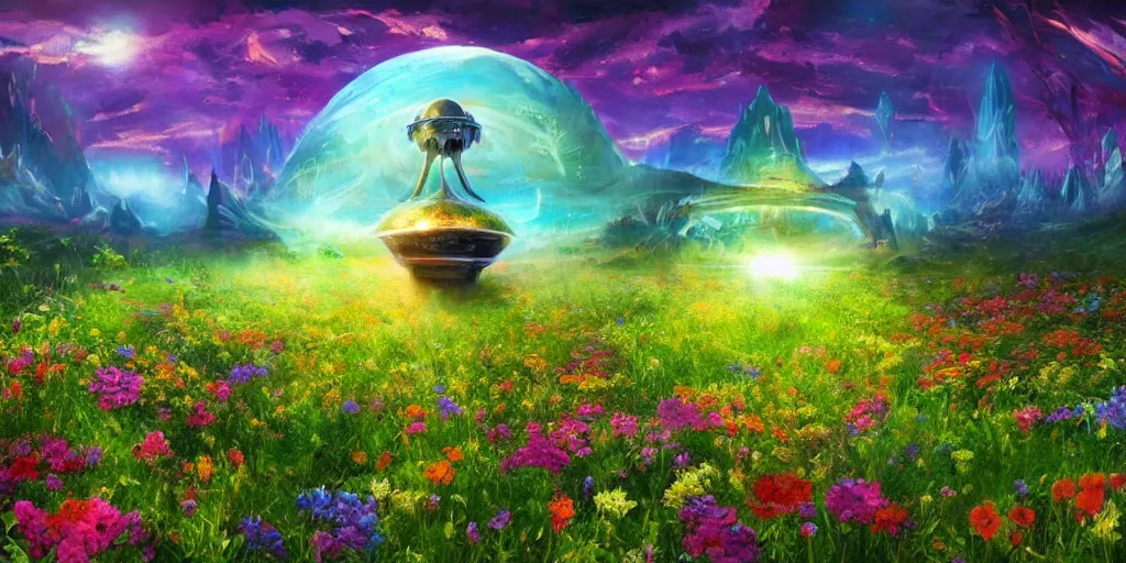 Image similar to fantasy landscape, the alien mothership landing in a field of flowers