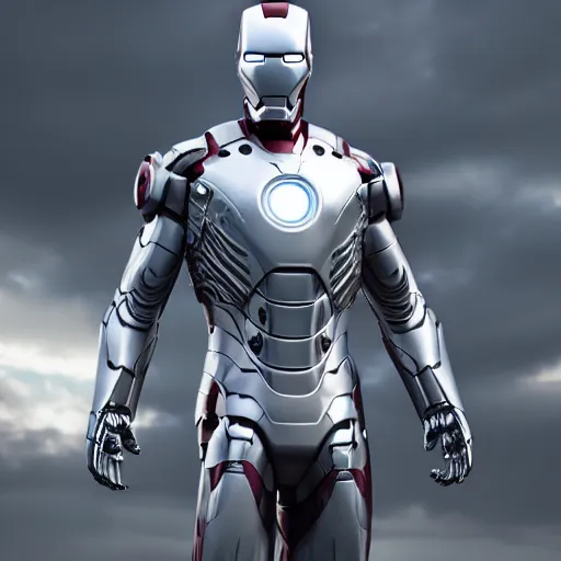 Image similar to silver and white iron man suit, 4 k realistic photo