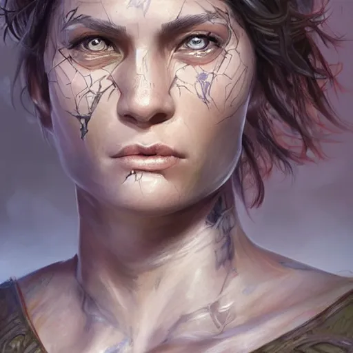 Prompt: beautiful, very strong, mixed race woman, middle aged, face, natural, no makeup, no tattoos, warrior, battle hardened, head shot, fantasy, highly detailed, digital painting, artstation, concept art, sharp focus, illustration, art by jodie muir and brom