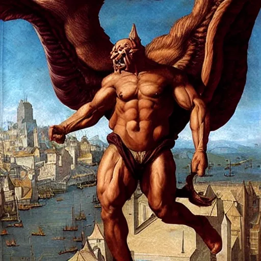 Image similar to an oil painting of a big, proud muscular Gargoyle, Renaissance painting, Renaissance Port City background, fangs, angel wings, 1450