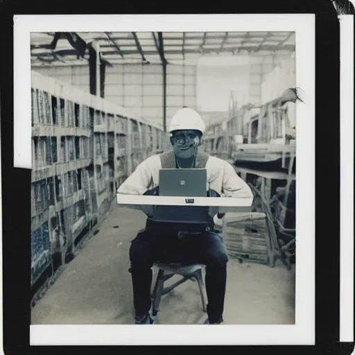 Prompt: a polaroid photo of man using a laptop inside in warehouse, he sitting on chair and small table, he's wearing blue cloth and construction hat, photo from behind, high details, perfect face shape