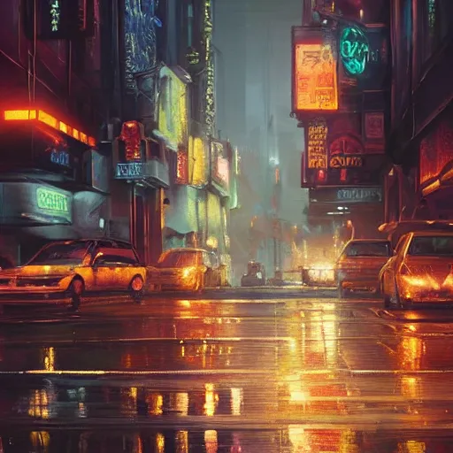 Image similar to an epic painting of the city street at night, oil on canvas, cold colors, perfect composition, golden ratio, beautiful detailed, photorealistic, digital painting, artstation, concept art, smooth, sharp focus, illustration, cyberpunk background, artstation trending, octane render, unreal engine