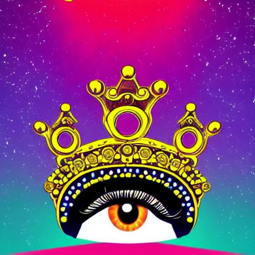 Prompt: a glowing crown sitting on a table with one beautiful eye mounted on it like a jewel, night time, vast cosmos, light rays, bold black lines, flat colors, minimal psychedelic 1 9 6 0 s poster illustration
