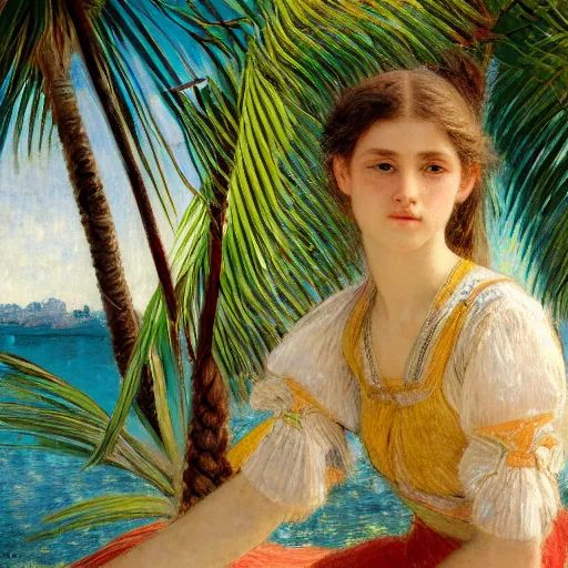 Image similar to a ultradetailed beautiful painting of a girl in the amazonas palace balustrade designed by jules bastien - lepage, hans belmer, frank weston and gustave baumann, beach, trending on artstation, mediterranean, palm trees, refracted color sparkles, sharp focus, soft light, 8 k 4 k