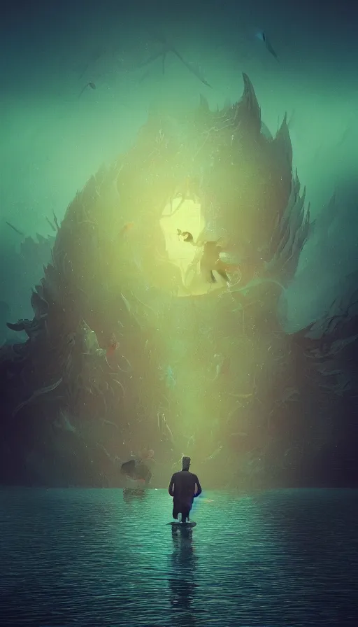 Prompt: man on boat crossing a body of water in hell with creatures in the water, sea of souls, by beeple