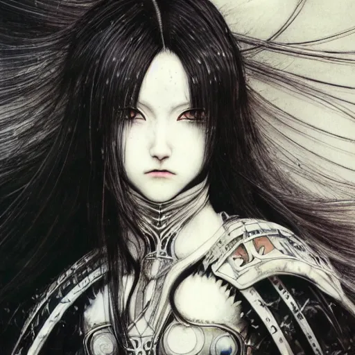 Image similar to yoshitaka amano realistic illustration of an anime girl with black eyes, wavy white hair fluttering in the wind and cracks on her face wearing elden ring armor with engraving, abstract black and white patterns on the background, noisy film grain effect, highly detailed, renaissance oil painting, weird portrait angle, three quarter view