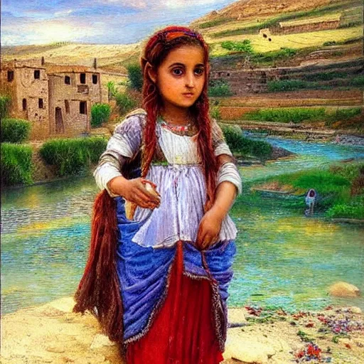 Image similar to beautiful painting by sophie anderson of a beautiful young kurdish girl by a river in a kurdish village, award winning art, insanely detailed, bright colors, global illumination, cute, young, stunning