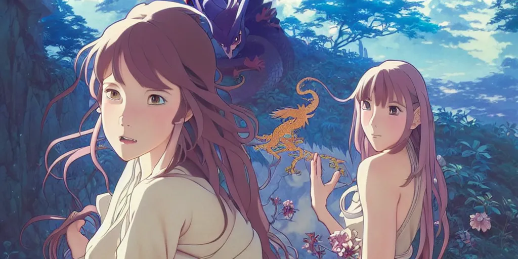 Image similar to the girl and the magic dragon. anime visual, early in the morning. by hayao miyazaki and rossdraws and artgerm and greg rutkowski and alphonse mucha. anime production by studio ghibli. high quality, stunning, intricate detailed environment. 8 k