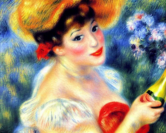 Image similar to vintage, big champagne bottle. cancan girl sitting on the big bottle, french, realistic, cheerful, 1 9 0 2, art by renoir