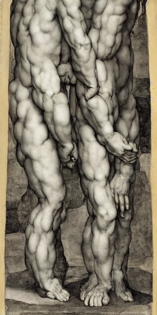 Prompt: two clothed men holding hands by Michelangelo