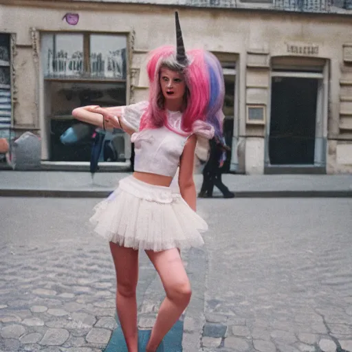 Prompt: realistic photoshoot of friendly unicorn lookbook in Paris, color film photography, portrait of a beautiful customers in style of Doisneau, 35mm, ektachrome