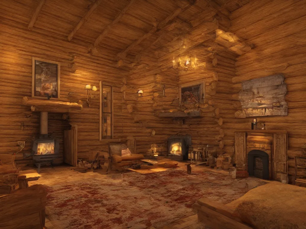 Image similar to Log cabin interior on stormy night, warm fireplace, hdr, ue5, unreal engine 5, cinematic 4k wallpaper, ultra detailed, high resolution, artstation, award winning.