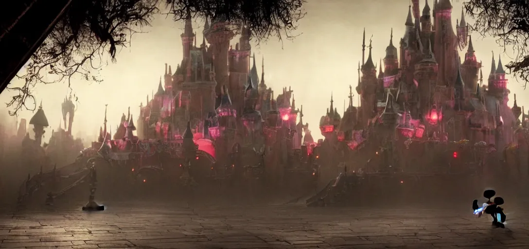 Prompt: evil epic mickey mouse walking out from epic temple, foggy, cinematic shot, photo still from movie by denis villeneuve, wayne barlowe