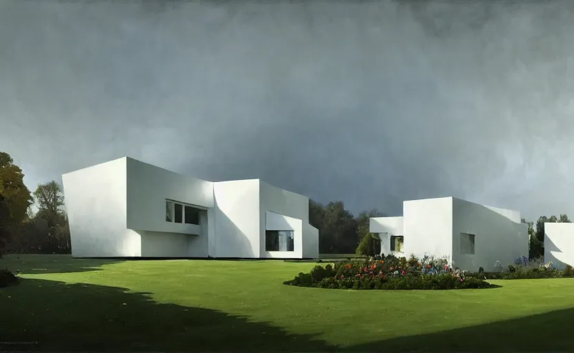 Prompt: painting of a wide angle exterior shot of a white modern architecture in the middle of an english garden with cinematic lighting by peter zumthor and frank gehry and renzo piano, darek zabrocki and greg ruthkowski, alphonse mucha, simon stalenhag and cinematic and blue cold atmospheric, archillect concept art, artstation, trending on artstation