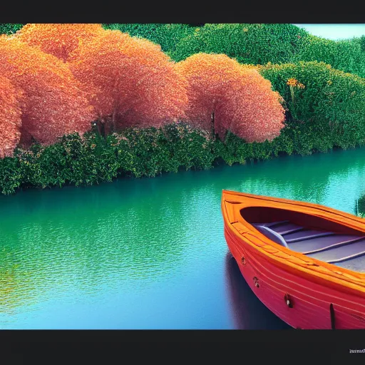 Image similar to boat on a river With tangerine trees and marmalade skies, octane render,4k,