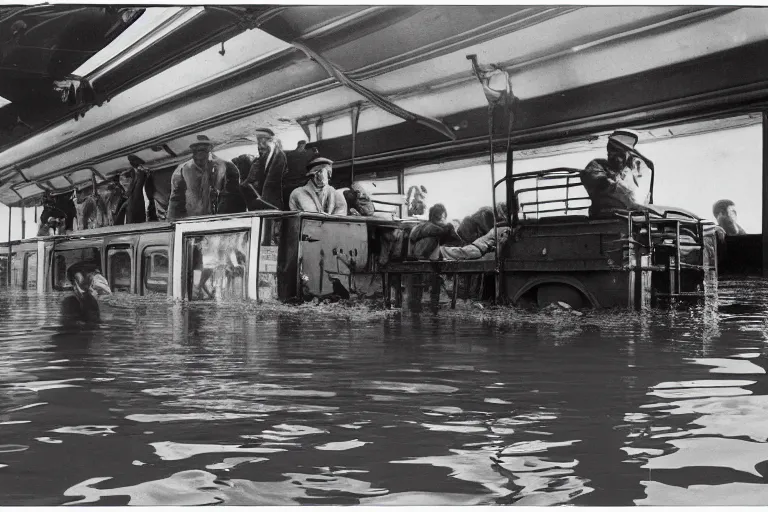 Image similar to Almost completely flooded metro wagon. Photo from inside the wagon, in the center of the frame stands one calm man up to his chest in water and looks at the camera. Warm lighting, old color photo, USSR, extremely detailed, 8k, vintage color