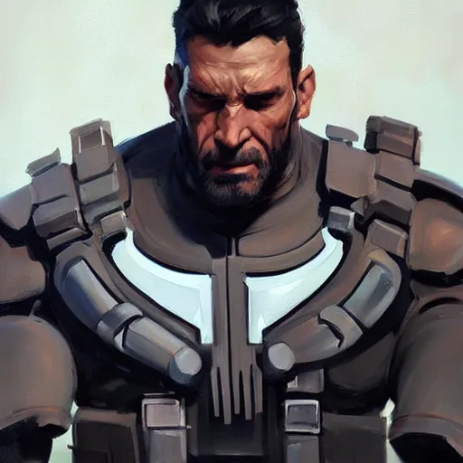 Image similar to Greg Manchess portrait painting of punisher as Overwatch character, medium shot, asymmetrical, profile picture, Organic Painting, sunny day, Matte Painting, bold shapes, hard edges, street art, trending on artstation, by Huang Guangjian and Gil Elvgren and Sachin Teng