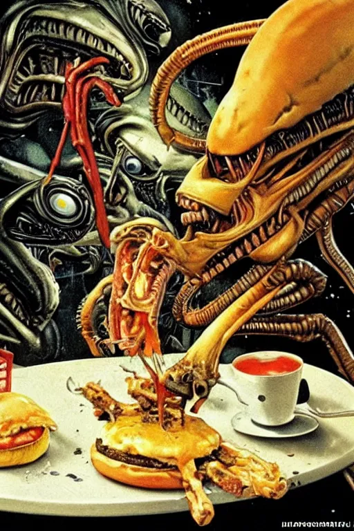 Image similar to alien xenomorph eating a cheeseburger, painted by norman rockwell