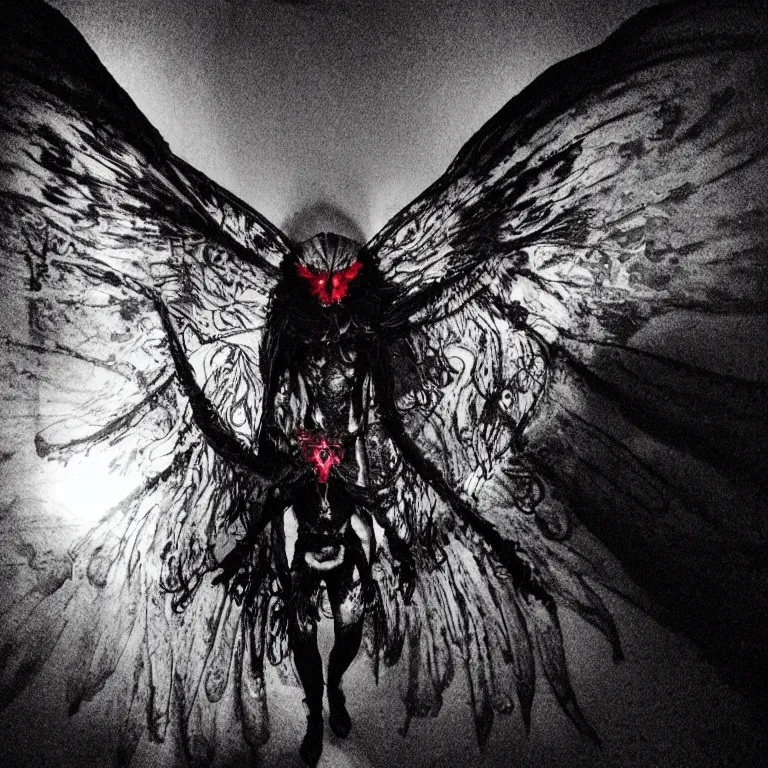 Image similar to mothman demon, crimson death wings, in the shadows of the blinding chaotic cosmic star, shadow art, wispy ink horrors, photo pic by 35mm