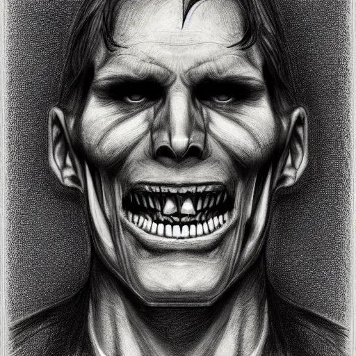 Prompt: Jerma985 with a cheek to cheek smile, sinister looking, evil intent, horror, uncanny, detailed, high resolution, sharpened, close-up, police sketch, wanted poster, pencil sketch, drawing, creepy, frightening