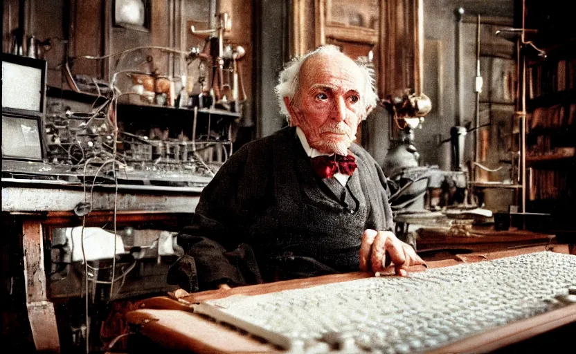 Prompt: movie still close-up portrait of an 19th century elderly man working on a 1880s supercomputer in a victorian house, by David Bailey, Cinestill 800t 50mm eastmancolor, heavy grainy picture, very detailed, high quality, 4k, HD criterion, precise texture and facial expression