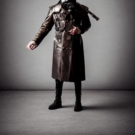 Image similar to anthropomorphic goose wearing steampunk leather goggles, leather facial mask, a long leather coat, dramatic lighting, full body shot, sigma 5 0 mm