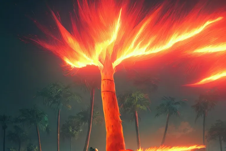 Image similar to 4K hyper detailed portrait of a Fiery Palm tree igniting a black background, sending flickering aesthetic firefly ashes towards viewer by Makoto Shinkai, by Artgerm, by beeple, by Greg Rutkowski, volumetric lighting, octane render, 4K resolution, trending on artstation, masterpiece