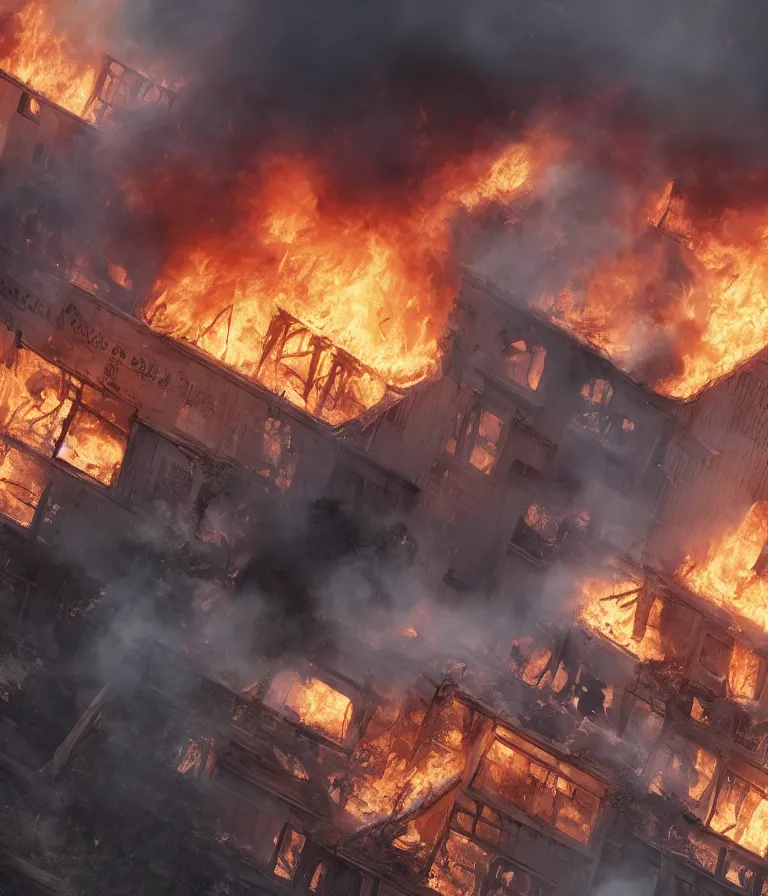 Image similar to a beautiful hyperrealistic detailed 3D render of a burning school, by Anton Otto Fischer, Atey Ghailan, genzoman, unreal engine, octane render, gigantic, 3D, brilliantly coloured, intricate, ultra wide angle, trending on artstation, embers, smoke, dust, dusk, volumetric lighting, HDR, polished, micro details, ray tracing, 8k