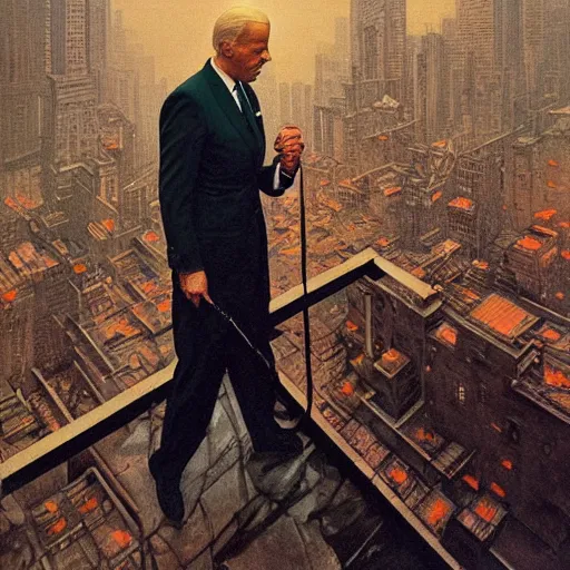 Prompt: immense, majestic, surreal, terrifying joe biden crushing buildings under his heel in streets of art deco city, perfectly clear face, by j. c. leyendecker and beksinski