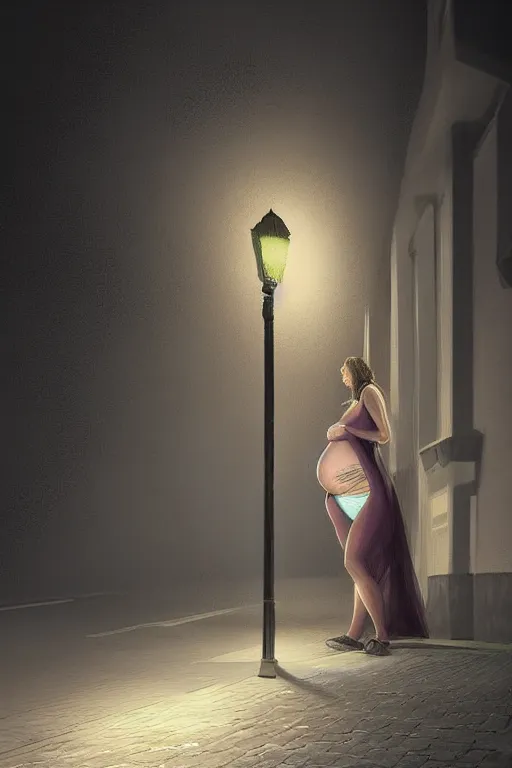 Image similar to pregnant woman under street light, highly detailed, sharp focused, ultra realistic digital concept art by Eugenio Álvarez Dumont