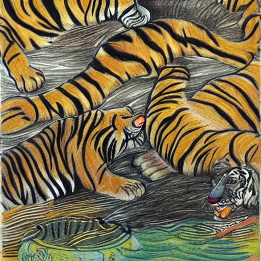 Image similar to drawing of a tiger cubs floating upside down in a pond of black oil, outsider art style